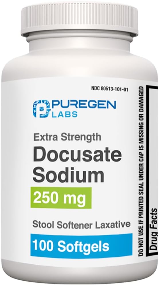 Puregen Labs Docusate Sodium 250mg Stool Softener Laxative | 100 softgels | Gentle Constipation Relief | Extra Strength | Stimulant Free