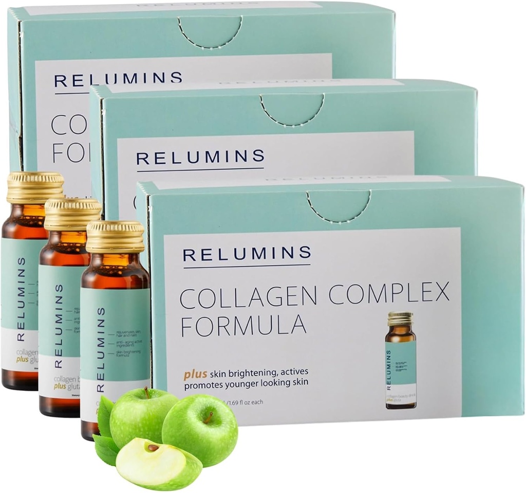 Relumins Advanced Collagen Beauty Drink with Glutathione, Hyaluronic Acid & Antioksis | Tatil Glow | Parlaklama, Firma ve Anti-Aging Desteği | Apple Flavor | USA 30 Şişes x 50mL