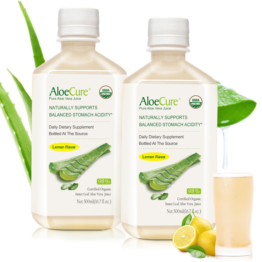 AloeCure USDA Organik Aloe Vera Juice Limon Flavor - 12 Saat içinde Yapılan - Dengeli Stomach asitliği için Doğal Digestive Supplement - Support Digestive and Immune Health, 2 Btls x 16.7oz