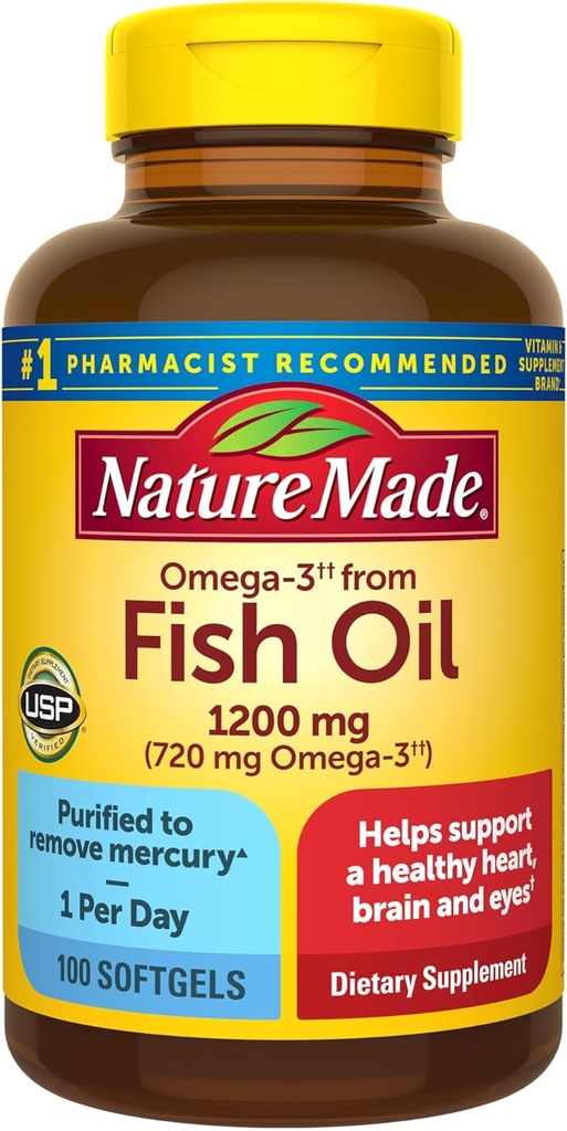 Nature Made Fish Oil Omega 3 Supplements, Omega 3 Fish Oil as Ethyl Esters 1200 mg Softgels, EPA DHA Supplement for Health Heart, Brain, Eye Support, One Per Day, 100 Softgels
