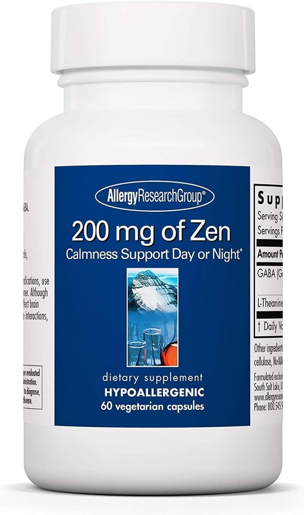 Alerji Araştırma Grubu Zen'nun 200 mg - GABA L-Theanine Supplement, Natural Calm, Sleep & Relax Support for Women & Men, Take Day or Night for Relaxation & Calm Energy - 60 Vegetarian Capsules