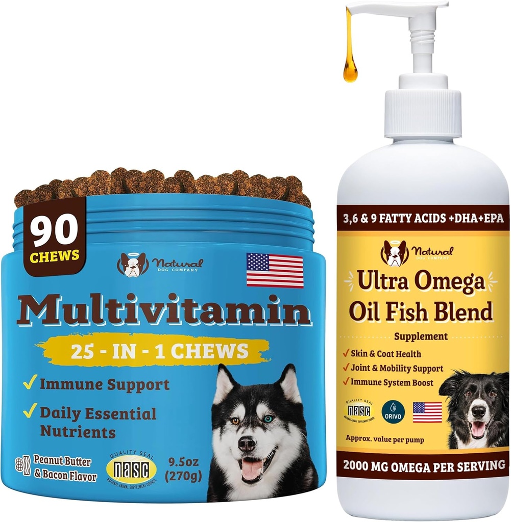 Doğal Köpek Şirketi Aktif Köpekler için Çokvitamin Chews ve Ultra Omega Oil - Nutrient-Rich Dog, Omega-3 ve Essential Vitaminlerle Tedavi Ediyor, Tüm Breeds için Bilişsel Sağlık ve Genel Vitality