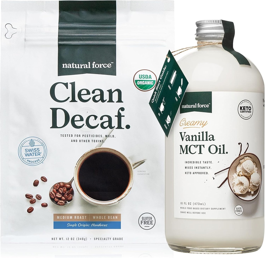 Doğal Kuvvet Organik Temiz Decaf Kahve + Kremy Vanilla MCT Oil Sche – Flavored MCT Creamer & Moldova Free Coffee – Non-GMO, DW, Paleo ve Vegan - 12 Oz Bag ve 16 Oz Glass Şişe