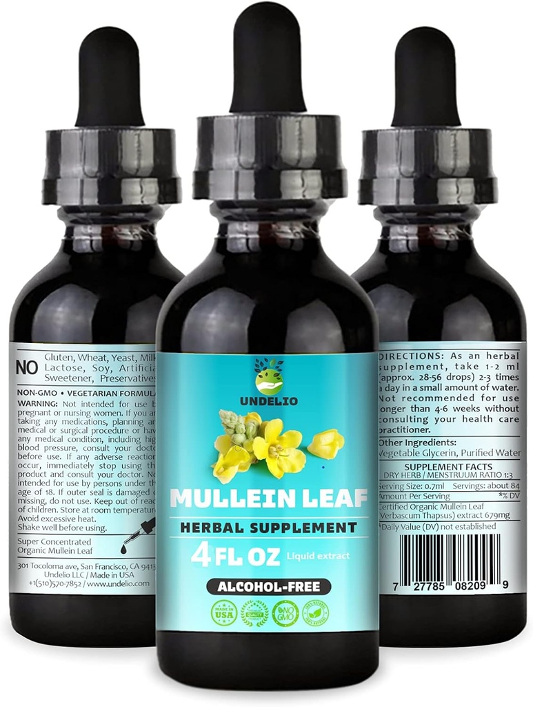 Udelio's Herbal Mullein Leaf Extract - Βιολογικό & Αλκοόλ-ελεύθερο Βάμμα για την αναπνευστική, πνεύμονα, τον ύπνο και την πνεύμονα Υποστήριξη - Non-GMO, Vegan - 4 fl. Oz για την ανοσοποιητική υγεία & Lung Detox