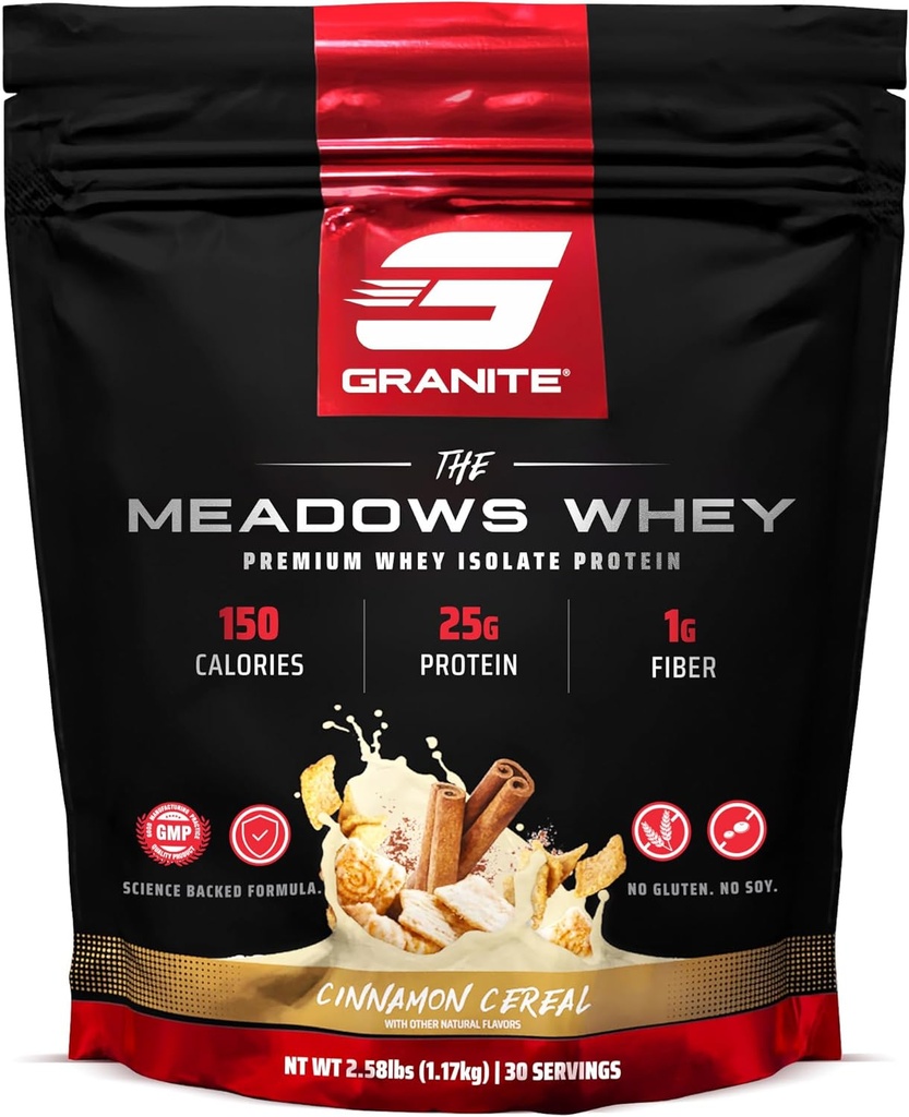 Granite Supplements The Meadows Whey proteini, 150 Calories, 2g Fiber, 1g Sugar (30 hizmet), Cinnamon Cereal Flavor