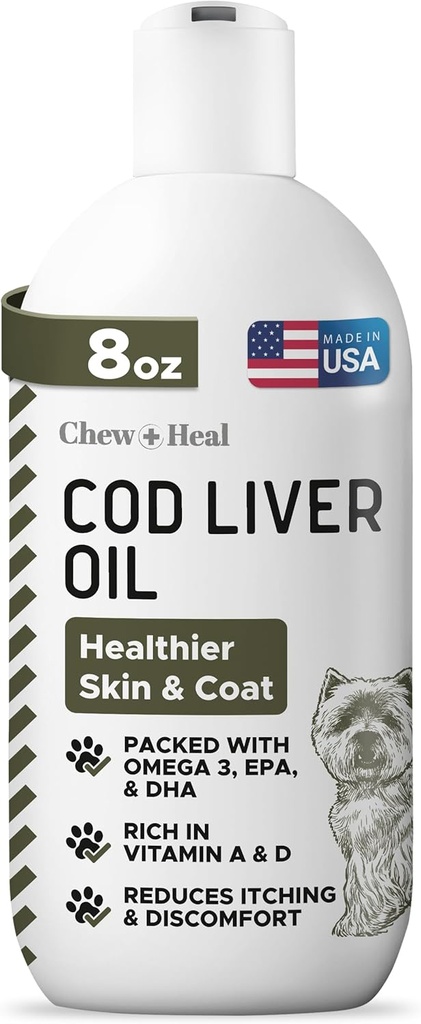 Pure Cod Liver Oil for Dogs - 8 oz - Περιέχει Ωμέγα 3, Ωμέγα 6, Βιταμίνη Α, και Βιταμίνη D για τη μείωση της φαγούρας και την προώθηση του δέρματος και παλτό, καρδιά, κοινή και ανοσοποιητική υγεία