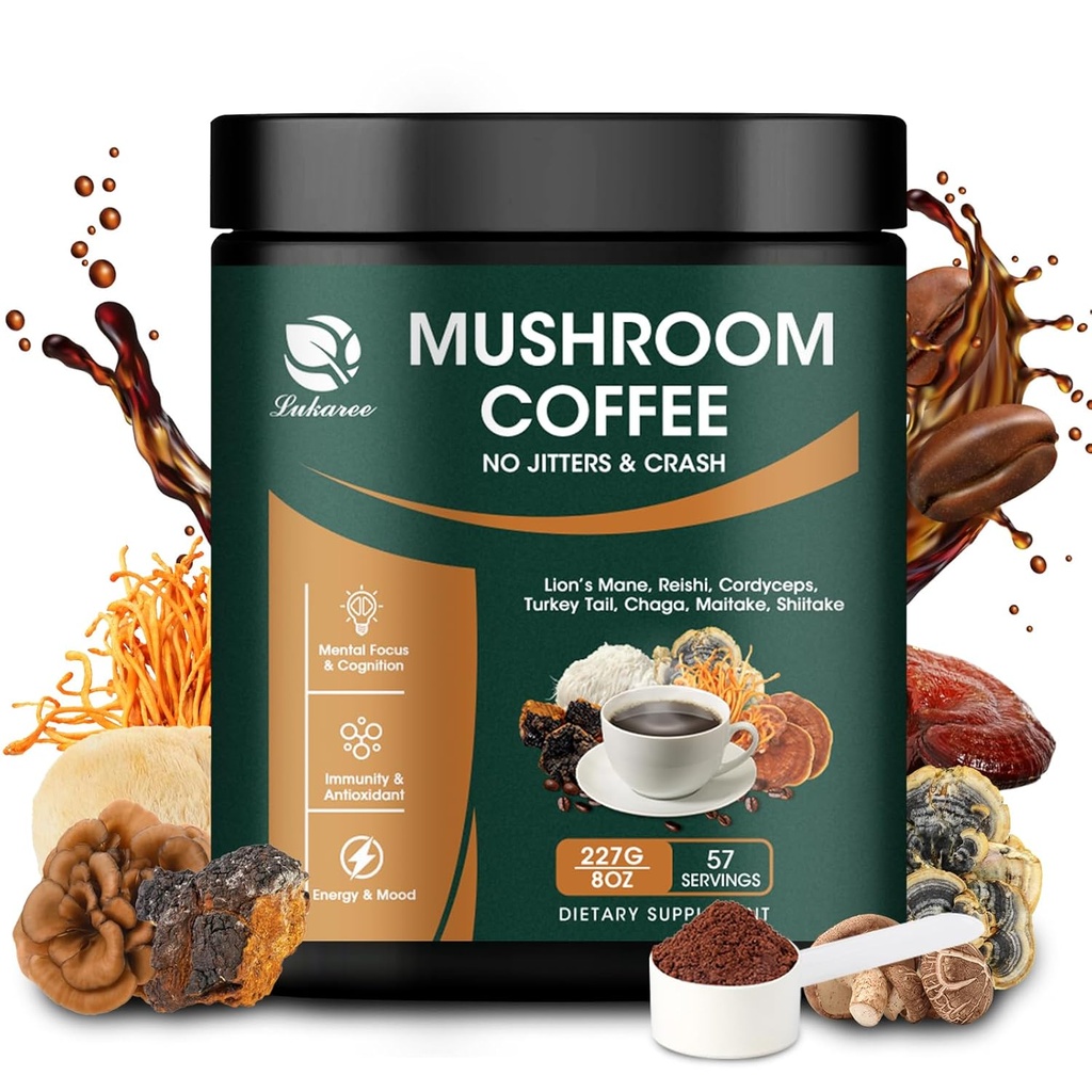Lukaree Mushroom Coffee 14 in 1 Instant Mushroom Coffee Arabica Coffee Mushroom Toz with Lion's Mane, Reishi, Chaga, Cordyceps, Shiitake, Maitake, Türkiye Tail for Focus Energy Immunity 8 oz (227g)