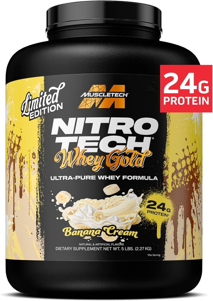 MuscleTech Whey Protein Powder (Banana Cream, 5LB) - Nitro-Tech Whey Protein Isolate Smoothie Mix for Lean Muscle & Fast Recovery - 24g Whey Gold Protein for Women & Men - Χωρίς γλουτένη