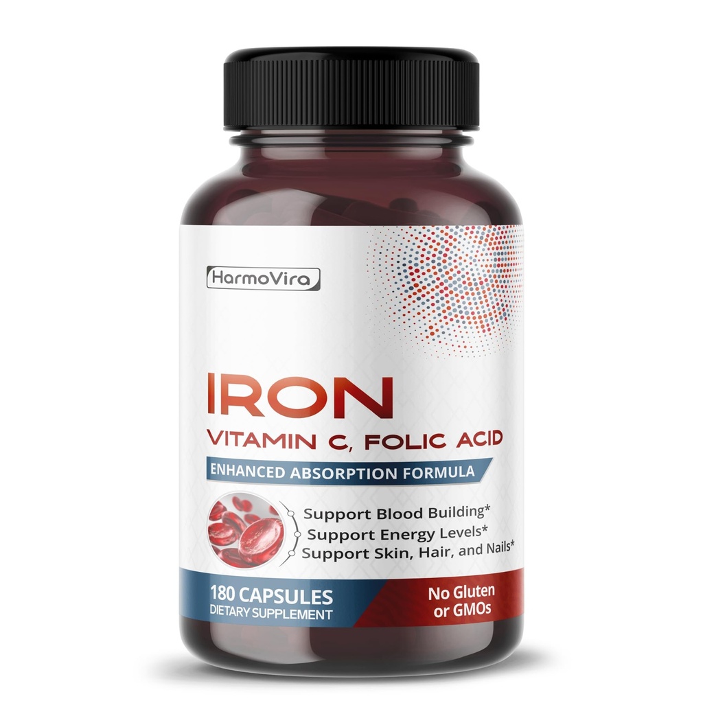 C, Folic Asit, B12, B6, B1 - Enerji ve Kızıl Kan Hücre Formasyonunu Destekleyin - Gerçek Formula - 180 Capsules - Non-GMO, Gluten-Free - Made in USA*