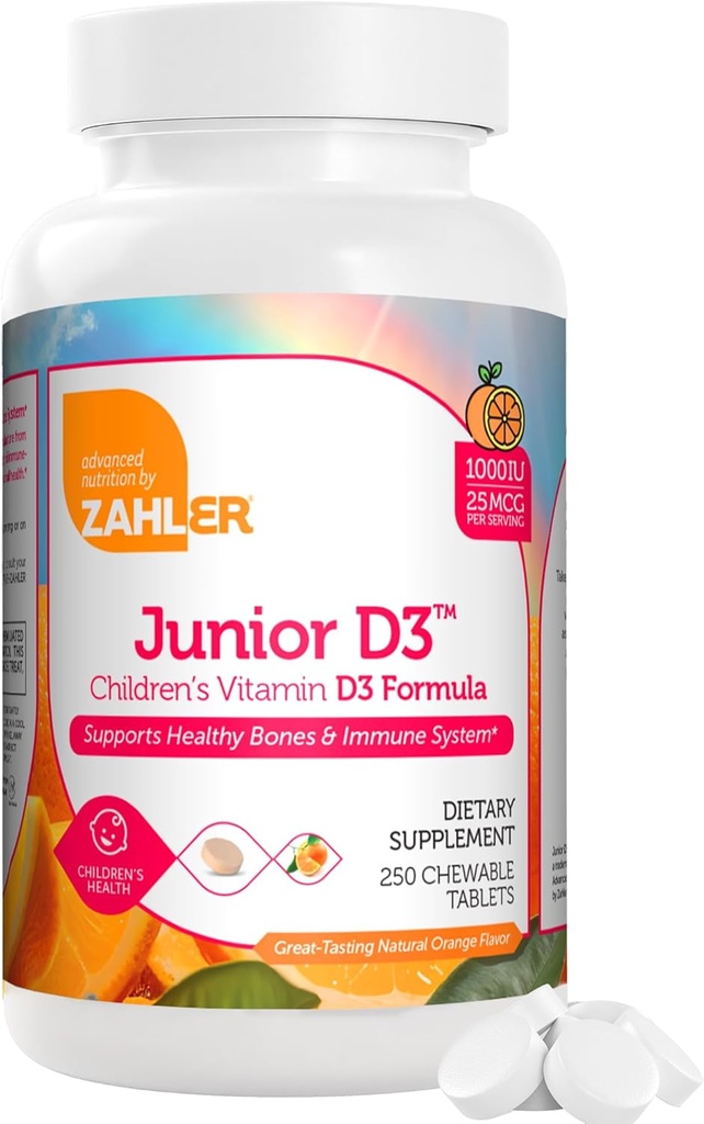Zahler Junior D3 Vitaminleri 1000 IU - Çocuklar için Kemik, Diş ve Immune Health - Kosher Kids Orange Flavor - 250. Kont