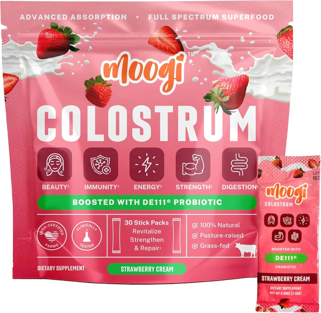 MoogiTM Premium Colostrum Toz (Strawberry Cream/30 Stick Pack) | Bovine Colostrum Toz for Women & Men with DE111® Probiyotik | Grass Fed Colostrum Supplement for Gut Health, Immunity, Skin & Hair