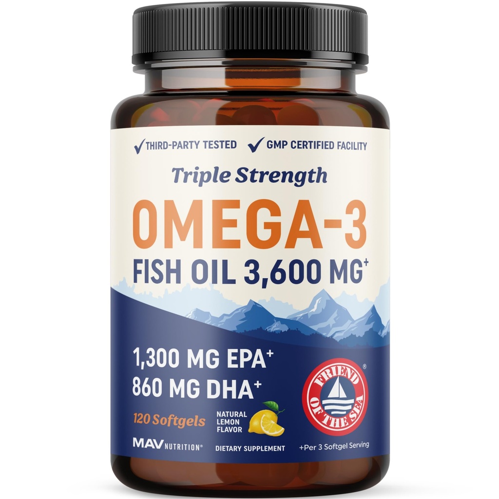 Triple Strength DHA Omega 3 Fish Oil 3600 mg | 2100 mg üzerinde Omega-3 Fatty Asits 860 mg of DHA | 1300 mg EPA | En İyi Temel Fatty Asits | Premium Wild Caught & Burpless Fish Oil | 120 ct.
