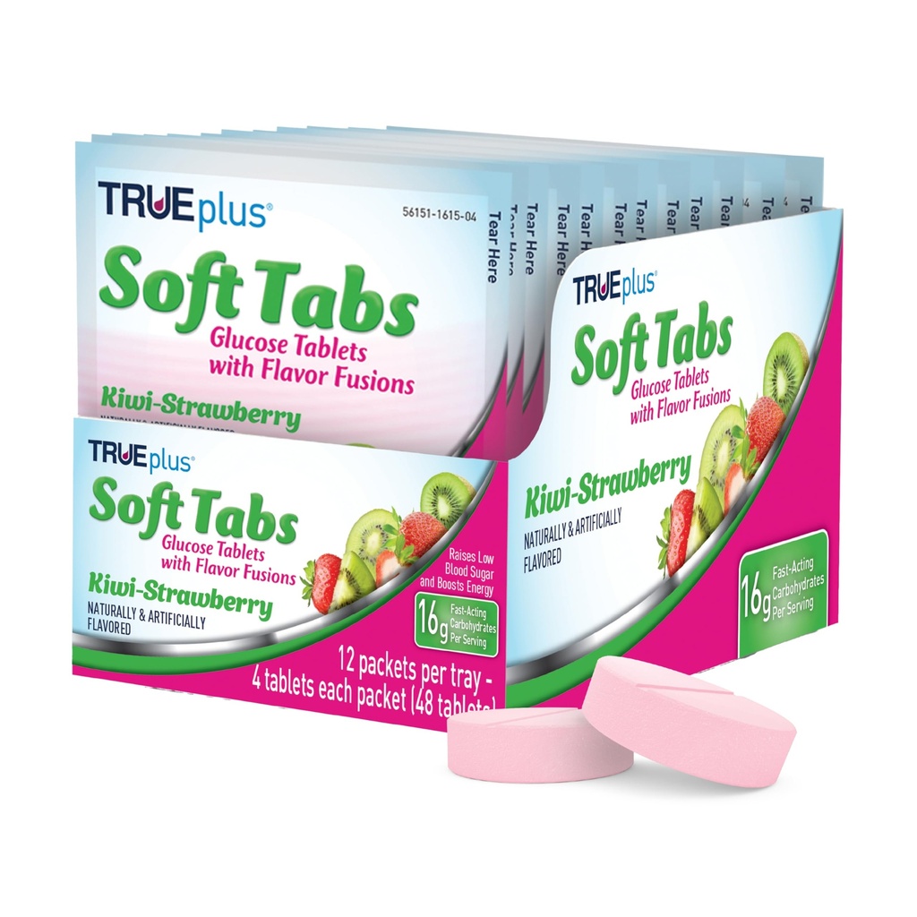 TRUEplus® Soft Tabs Glucose Tabletleri - 12 Paket - 48 sekme (Kiwi Strawberry)