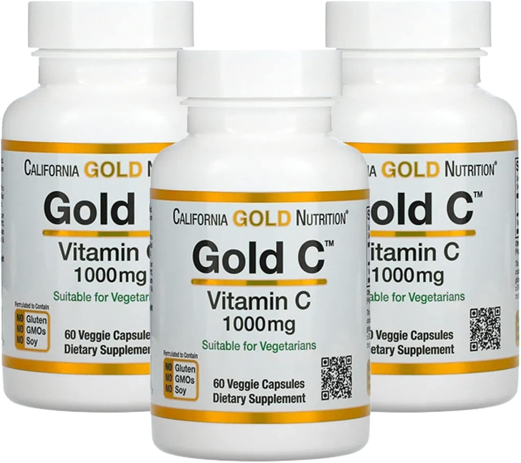 Gold C by California Gold Beslenme - USP Grade Vitamin C Supplement - Immune Support & Season Wellness - Vegetarian Friendly - Gluten Free, Non-GMO - 1000 mg - 60 Veggie Capsules, 3 Pack