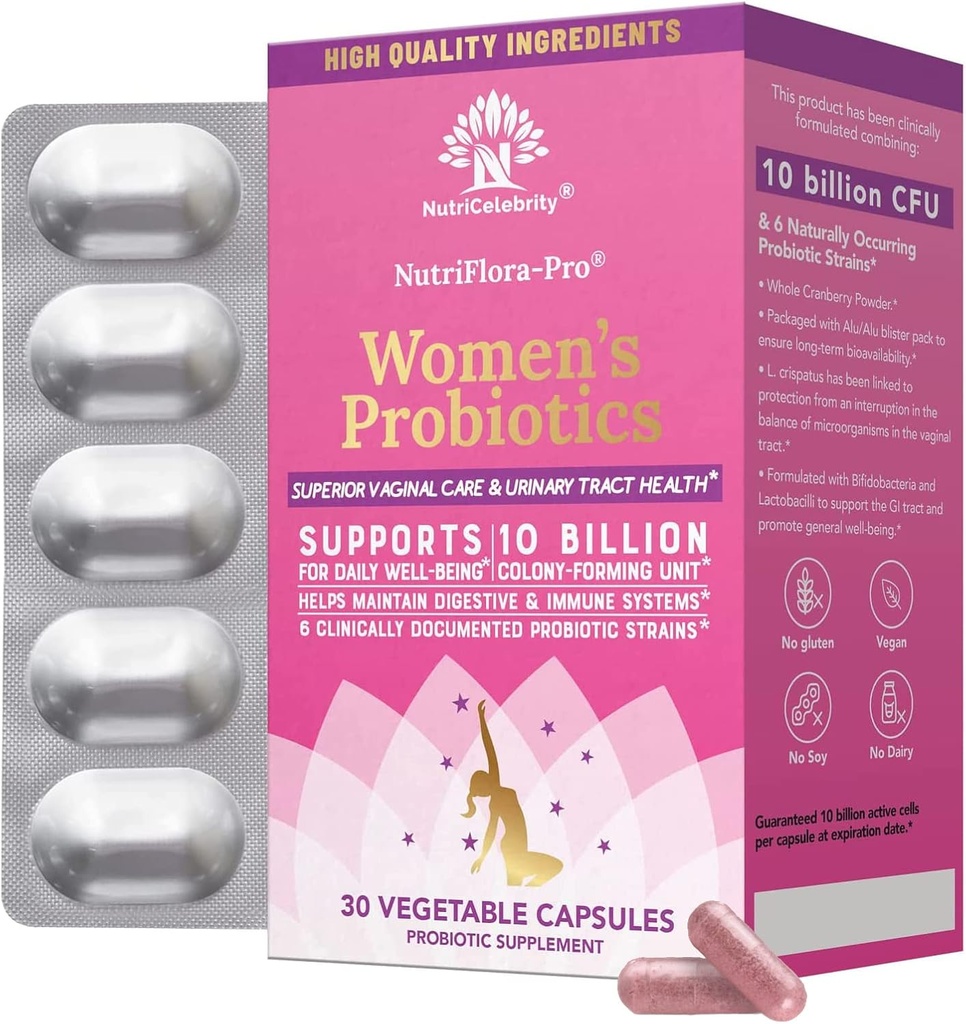NutriCelebrity NutriFlora-Probiyotiks for Women - Support Vaginal, Urinary Health (UTI), Digestive System, Period Pain, Yeast ve BV Relief, Cranberry Pills, 10 Milyar CFU 6 Strains (30 Caps)