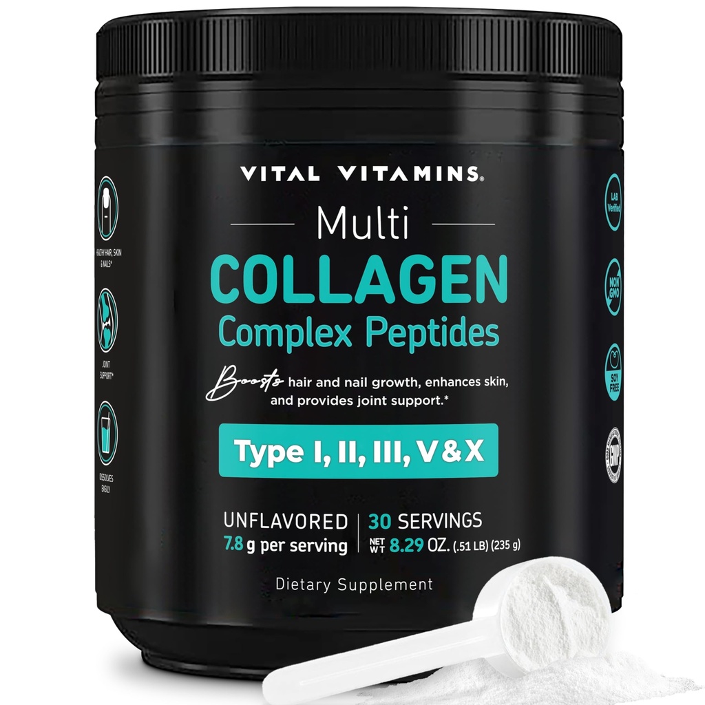 Vitals Multi Collagen, Toz - Unflavored, Easy to Dissolve - Tip I, II, III, V, X - Kadınlar ve Erkekler için - Saçları, Skin, Nails ve Ortak Sağlık - 30 Hizmet