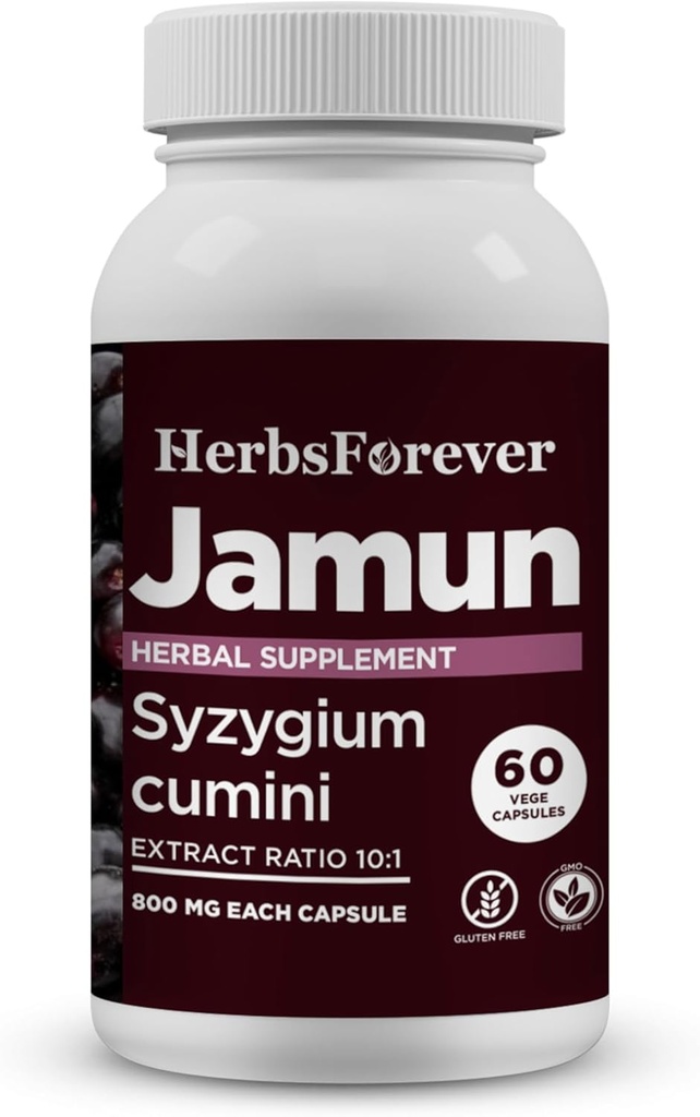 Herbsforever Jamun Capsules Eugenia Jambolana Seeds Extract Ratio (10:1) Wellness Supplement 60 Vege Capsules