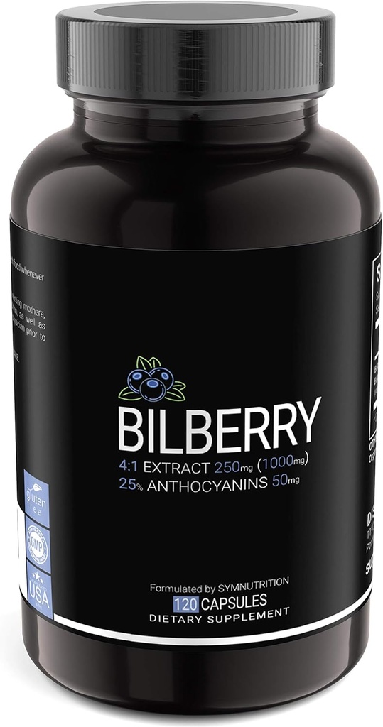 SYMNUTRITION Bilberry Extract 1000 mg, 25% Anthocyanins 50mg - 120 Kont (V-Capsules) / 120 Hizmet; Avrupa Blueberry: ABD'de bir cGMP-Registered Tesis; Vegan & Gluten Free