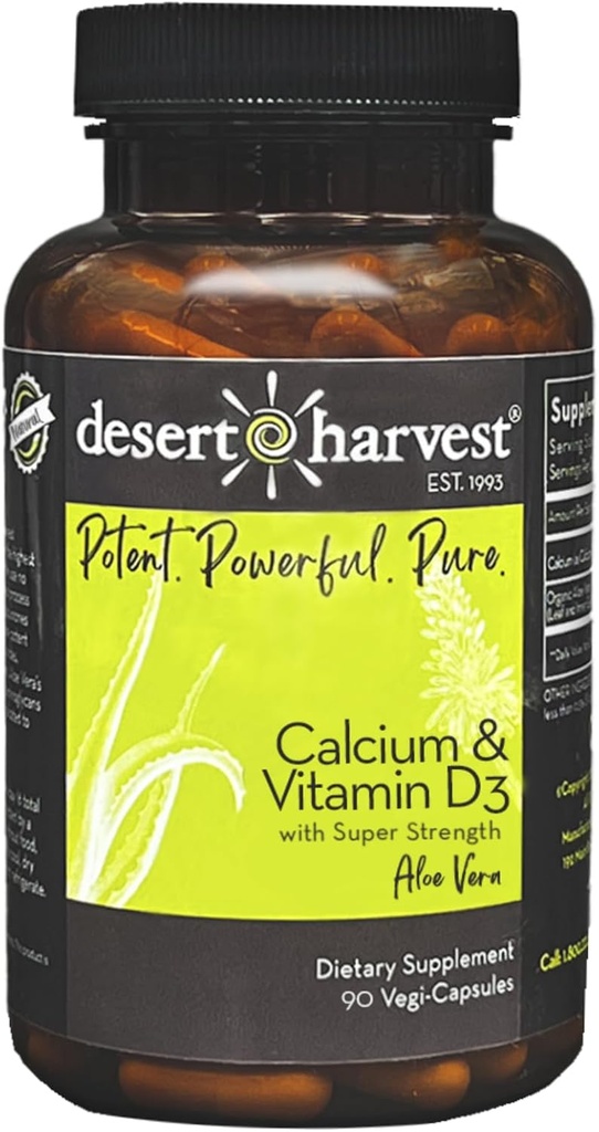 Desert Harvest Calcium Carbonate 250 mg + Vitamin D3 100 IU Supplement with Aloe Vera for Absorption, 90 Capsules