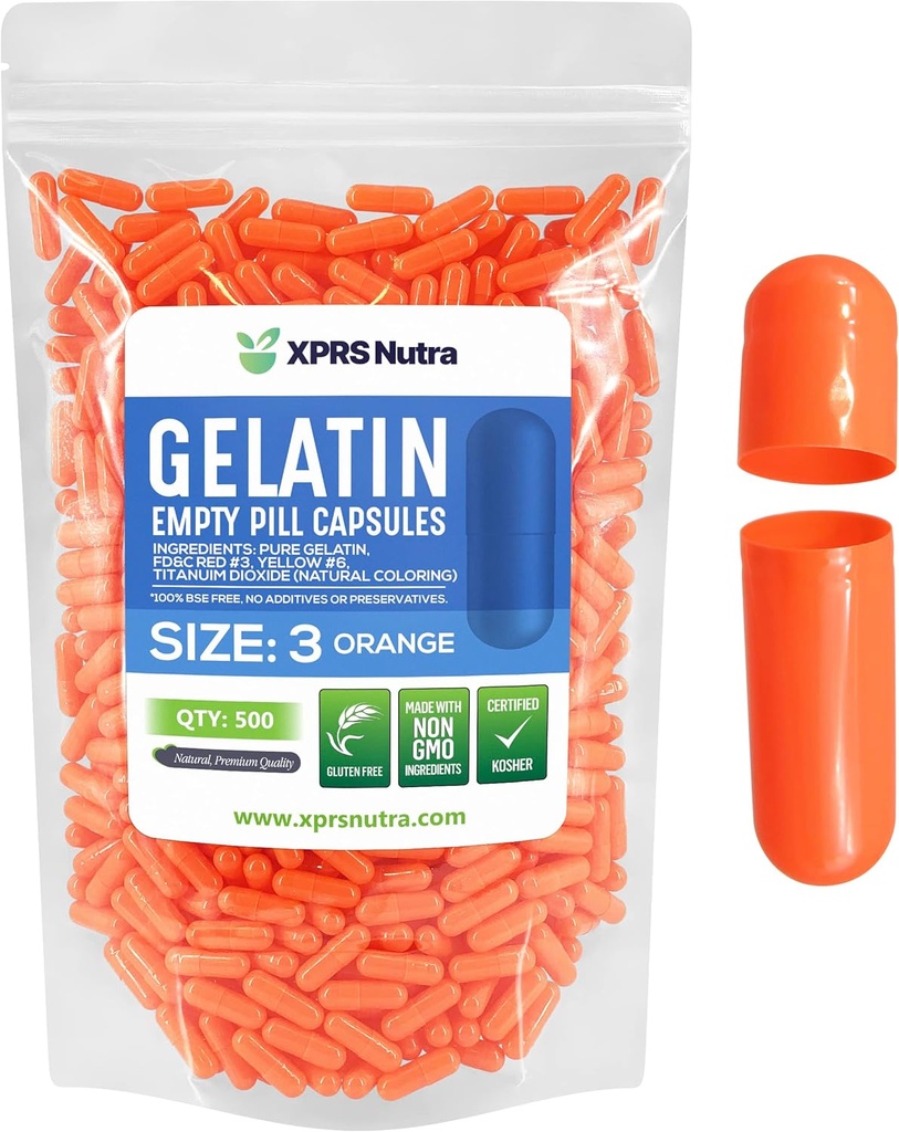XPRS Nutra Μέγεθος 3 Κενές κάψουλες - 500 Count Empty Gelatin Κάψουλες - Χάπια DIY Καψάκιο Γέμισμα - Αγνά καπάκια τζελ Μπόβιν Χάπι για Do-It-Yourself Συμπληρώματα (Orange)