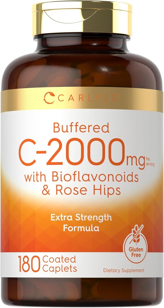 Carlyle Buffered Vitamin C | 2000 mg | 180 Caplets | Bioflavonoyaklar ve Rose HIPS | Vejetary, Non-GMO ve Gluten Free Supplement Supplement