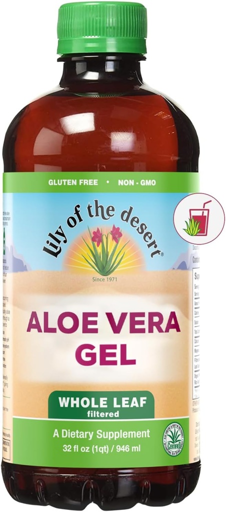 Lily Of The Desert Aloe Vera Gel, Preservative Free - Tüm Broşür Filtrelenmiş Kaler Consistency Aloe Vera Drink with Natural Vitamins, Digestive Enzymes for Gut Health, Wellness, Glowing Skin, 32 Fl Oz Oz Oz