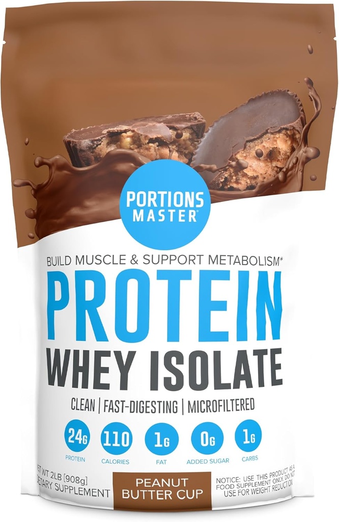 Portions Master CFM Whey Isolate Protein Toz, 2 LB, 23g Low Carb, Low Fat, Cold-Processed, Fast Absorbing, Muscle growth & Recovery Support (Peanut Butter Cup)