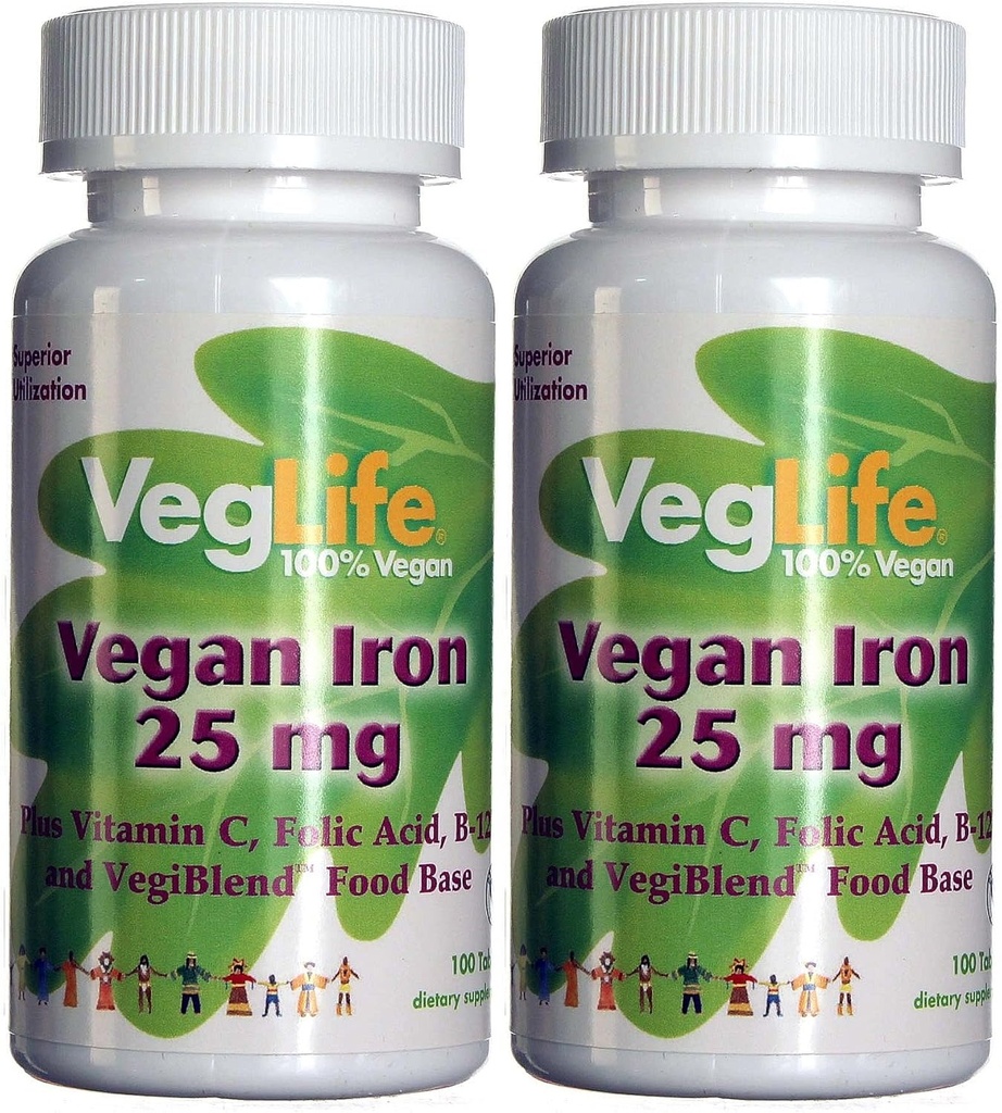 VegLife Vegan Iron 25 mg | Plus Vitamin C, Folic Asit, B-12 ve VegiBlend Food Base | Plant Based Iron Supplement for Women & Men | 100 Tablet | 2 Paket