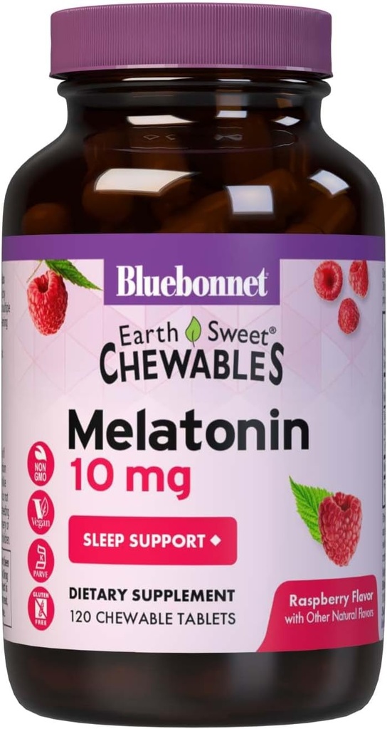 BlueBonnet Nutrition EarthSweet Melatonin 10 mg Γρήγορη Διαλύοντας τη Νύχτα Χαλάρωση & Ξεκούραστη Υποστήριξη Ύπνου - Βοήθεια ύπνου - Χωρίς γλουτένη, Vegan - Βατόμουρο Γεύση - 120 Μασώμενα δισκία