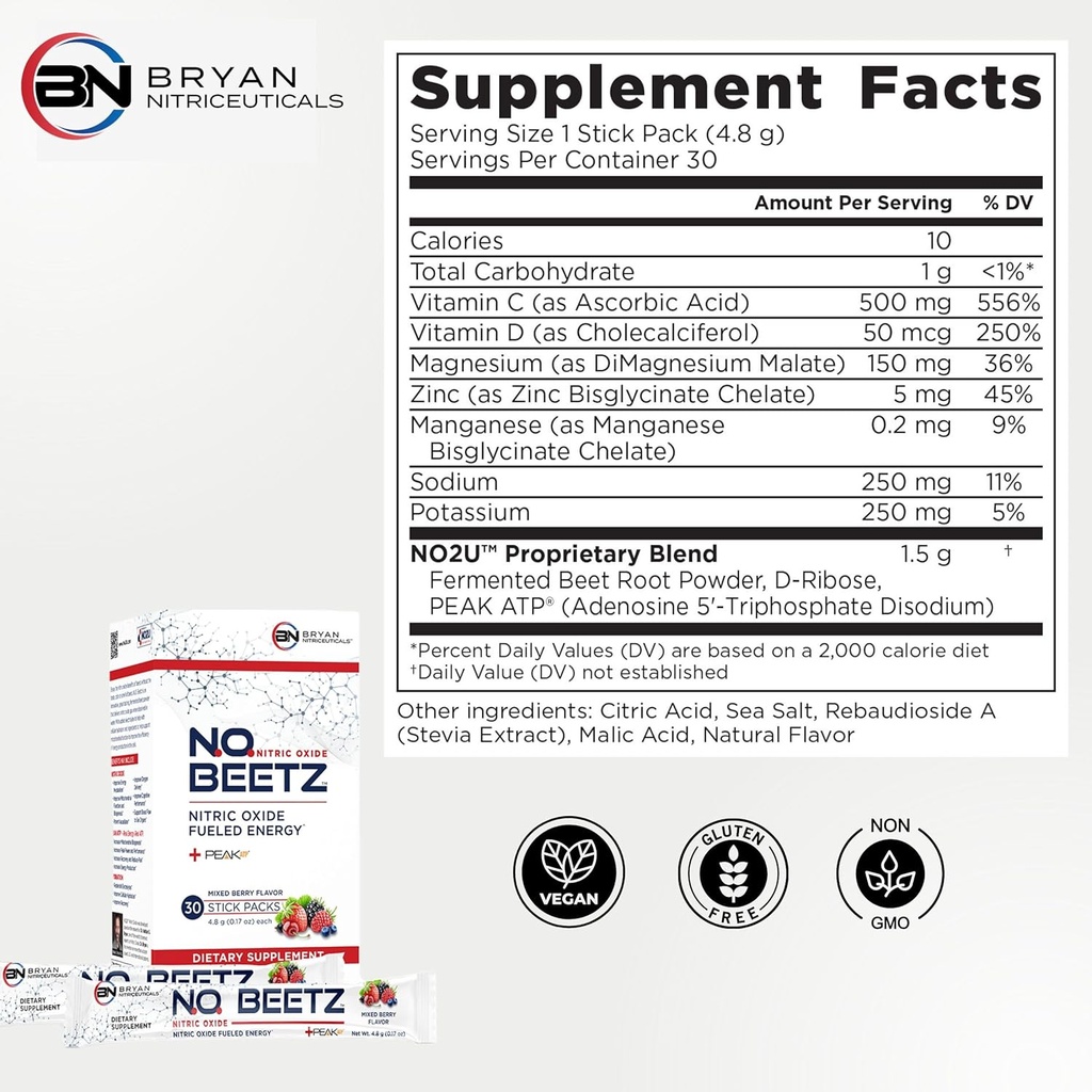 N.O. Beetz Nitric Oxide Fueled Energy Boost Supplement, Hydration & Cellular Energy Production Enhancer, Blend of Vitamins and Minerals (30 Services)