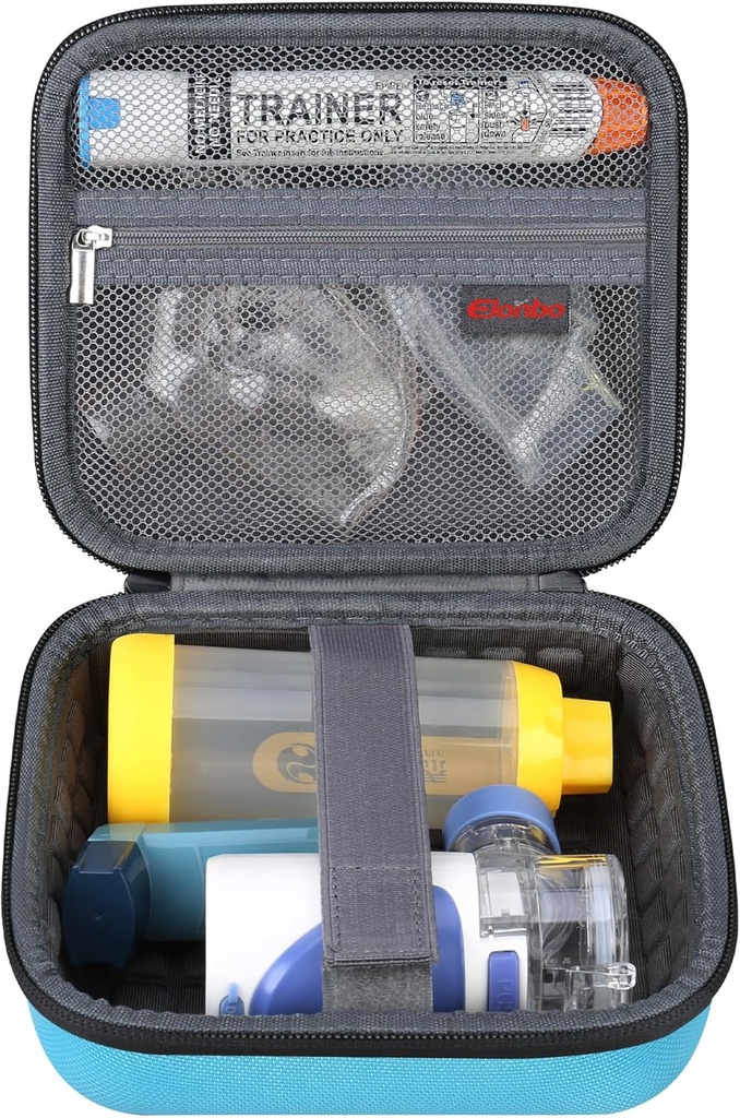 Elonbo, Portreatif Eller Inhaler Nebulizer Machine Asthma Inhaler Spacer, EpiPen Travel Medicine Kit, El Me Atomizer Machine Sahibi Bag, Pocket Fits Auvi Q Ventolin, Blue
