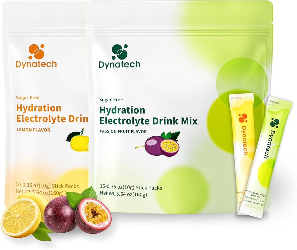 Dynatech Zero Sugar Electrolyte Drink Mix - Lemon,Passion Fruit - Hydration Toz Packets with 10 Electrolytes & Vitamins | Non-GMO, Gluten Free, Vegan Electrolytes Toz Paketleri | 32 Hizmet