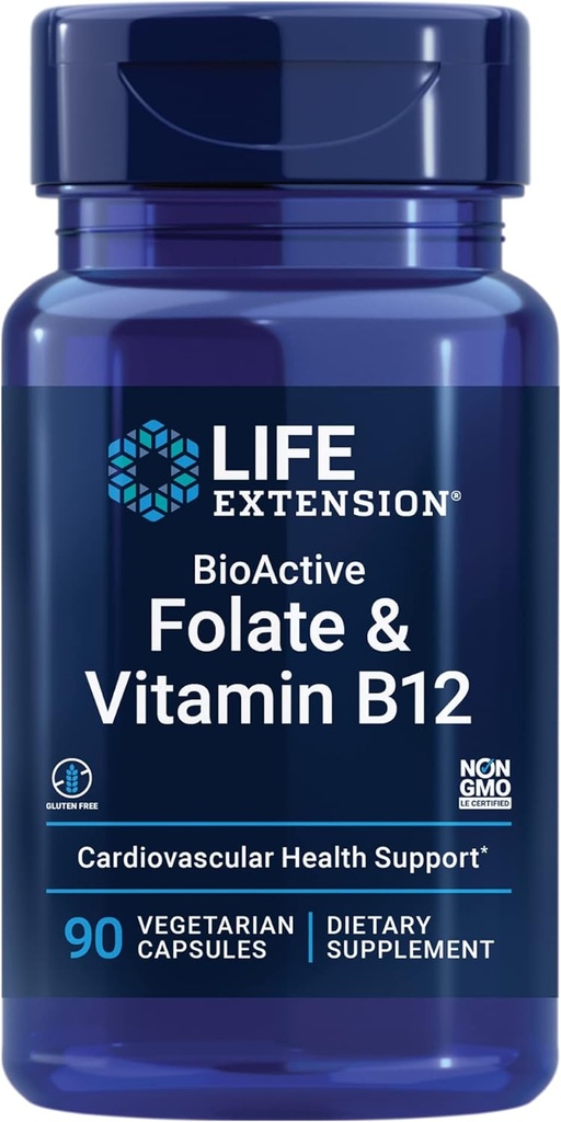 Life Extension BioActive Folate & Vitamin B12, Kalp, Beyin ve GI Tract Health, Non-GMO, Gluten-Free, Vegetarian, 90 Capsules