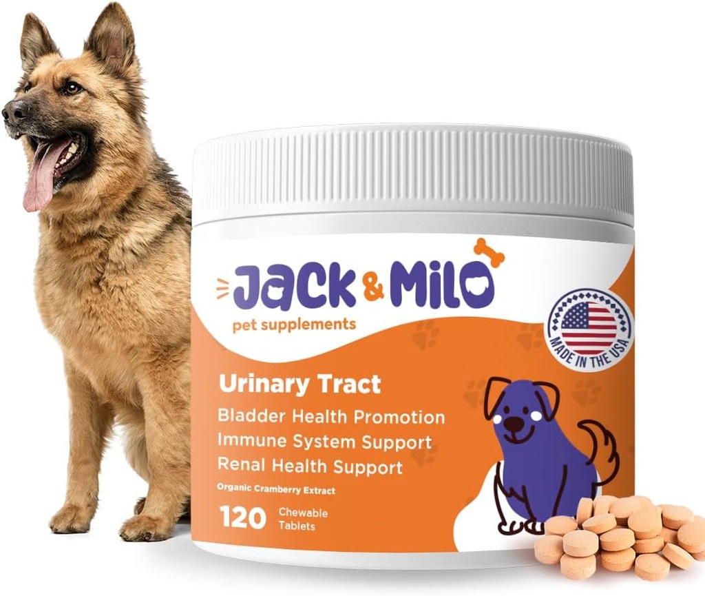 Jack & Milo - Συμπλήρωμα για σκύλους, σκύλους UTI Ακράτεια, Νεφροί και Bladder Control - Cranberry & Αντιοξειδωτικά, Βιολογικός - Έλεγχος Βλατίδων για σκύλους, ΗΠΑ Made-Non GMO - 120 Tablets