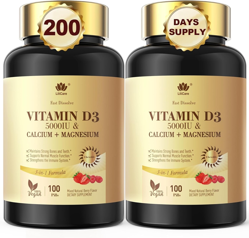 Hızlı Dissolve Vitamin D3 5000IU ile ve Magnezyum - Quick Nutrient Abors-Sugar Free Chewable Supplement for Bones Strength, Teeth, Muscle, Immune Health,200 Hızlı Melt Tabletleri için