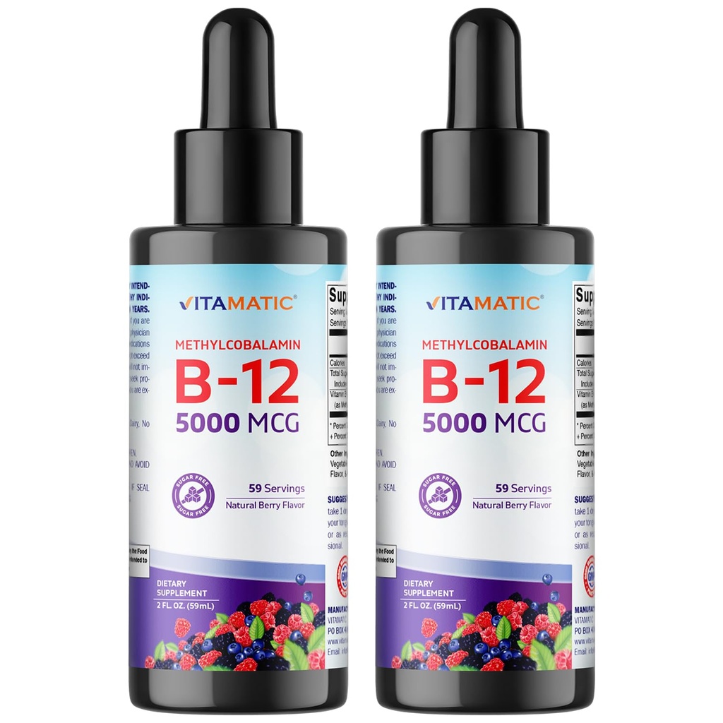 Vitamatic 2 Packs Fast Acting Liquid Vitamin B12 5000 mcg (Methylcobalamin) - Natural Berry Flavor - Sublingual Supplement - Faster Abors - 2 OZ