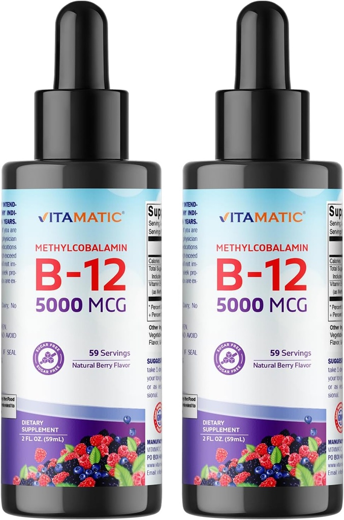 Vitamatic 2 Packs Fast Acting Liquid Vitamin B12 5000 mcg (Methylcobalamin) - Natural Berry Flavor - Sublingual Supplement - Faster Abors - 2 OZ