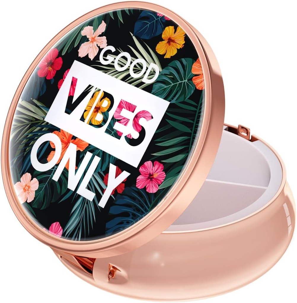 Rouidr Pill Box, 3 Karşılaştırmalı Tıp Pill Case, Small Metal Travel Medicine Box for Purse & Pocket, Rose Gold, Çiçekler Good Vibe