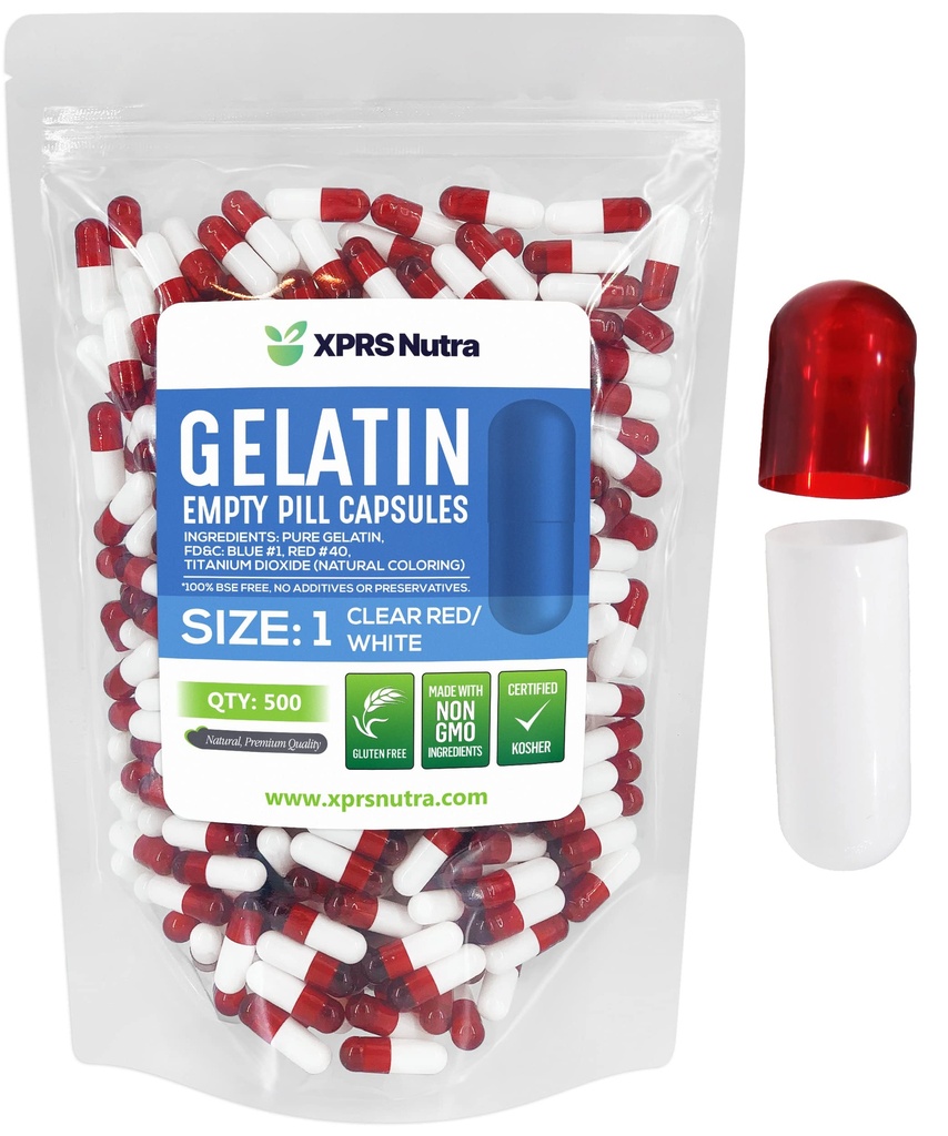 XPRS Nutra Μέγεθος 1 Κενές κάψουλες - 500 Count Empty Gelatin Κάψουλες - Χάπια DIY Καψάκιο πλήρωσης - Αγνά καπάκια τζελ για τα χάπια Bovine Gel Do-It-Yourself Συμπληρώματα (Καθαρό κόκκινο/λευκό)
