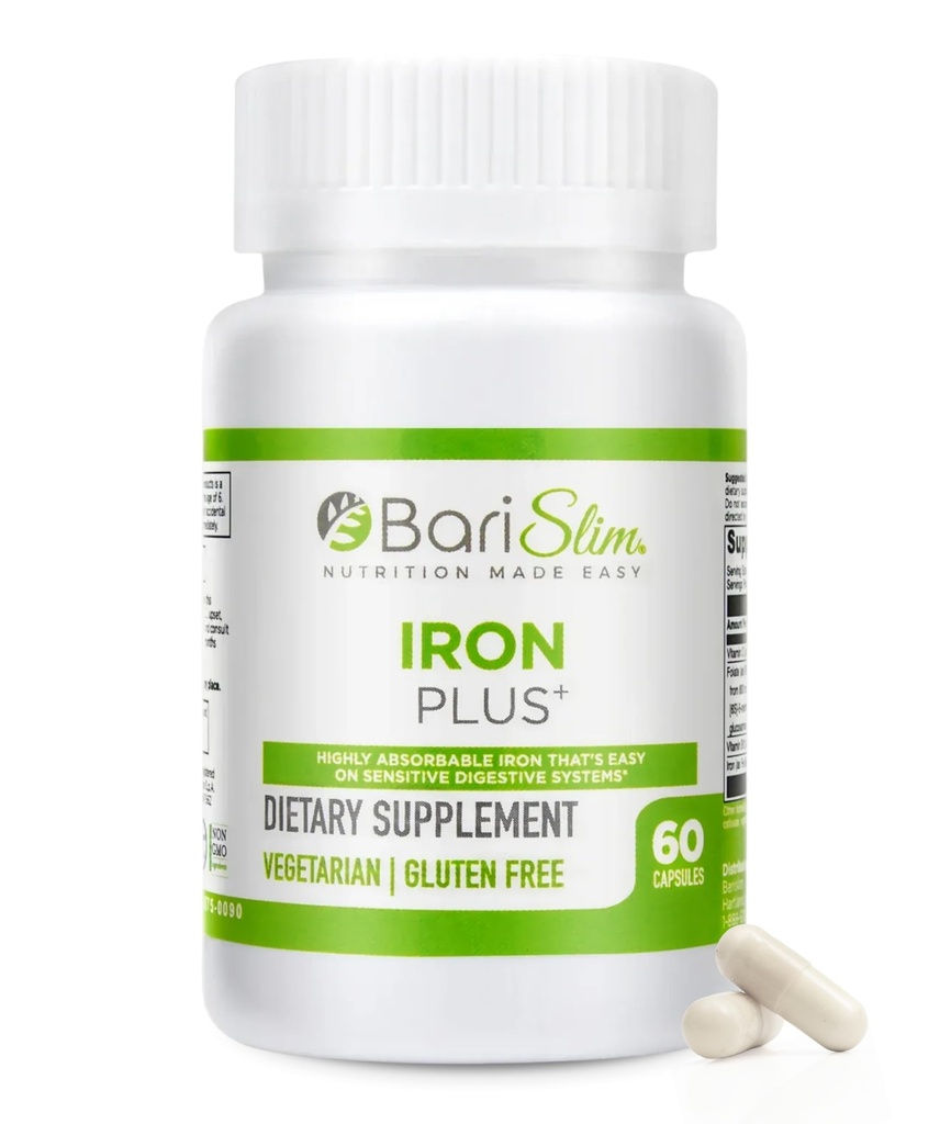 BariSlim Iron Plus Capsules - Kilo kaybı cerrahisi Gaztrik Bypass & Gastrik Kolları - Easy Digestion & Comprehensive Health Support | 2 Ay Supply (60 Hizmet)