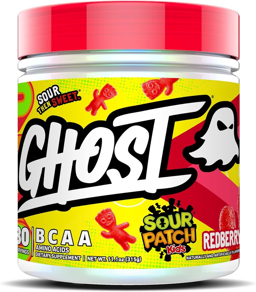 GHOST BCAA Powder Amino Acids συμπλήρωμα, Sour Patch Kids Redberry - 30 υπηρεσίες - ζάχαρη-free Intra, Post & Pre προπόνηση Amino σκόνη & ποτό αποκατάστασης, 7G BCAA
