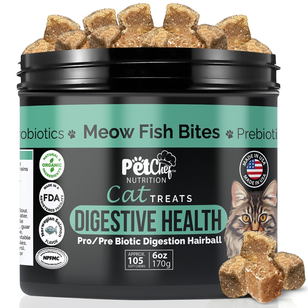 Pet Chef Meow Bites: Premium Pro & Prebiyotik Digestion Cat Treats - Gecikme - Cats için Daha İyi Tan Fortiflora Probiyotikler - Tüm Zamanları Durdurmak