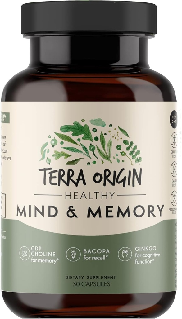 TERRA ORIGIN Sağlıklı Zihin ve Hafıza Desteği Tamam | Bilişsel Bellek Matrix | Nootropic CDP, Bacopa, L-Tyrosine, Huperzine A, Ginko, B12 | GMO, Gluten Free, Dairy Free | 30 Capsules