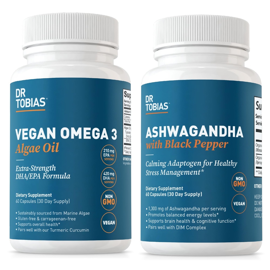 Δρ Τομπάιας Vegan Omega 3 Algae Oil και Ashwagandha κάψουλες, υποστηρίζει την ανθεκτικότητα, ανοσοκαταστολή υγεία, και γενική ευεξία, μη-GMO, Vegan