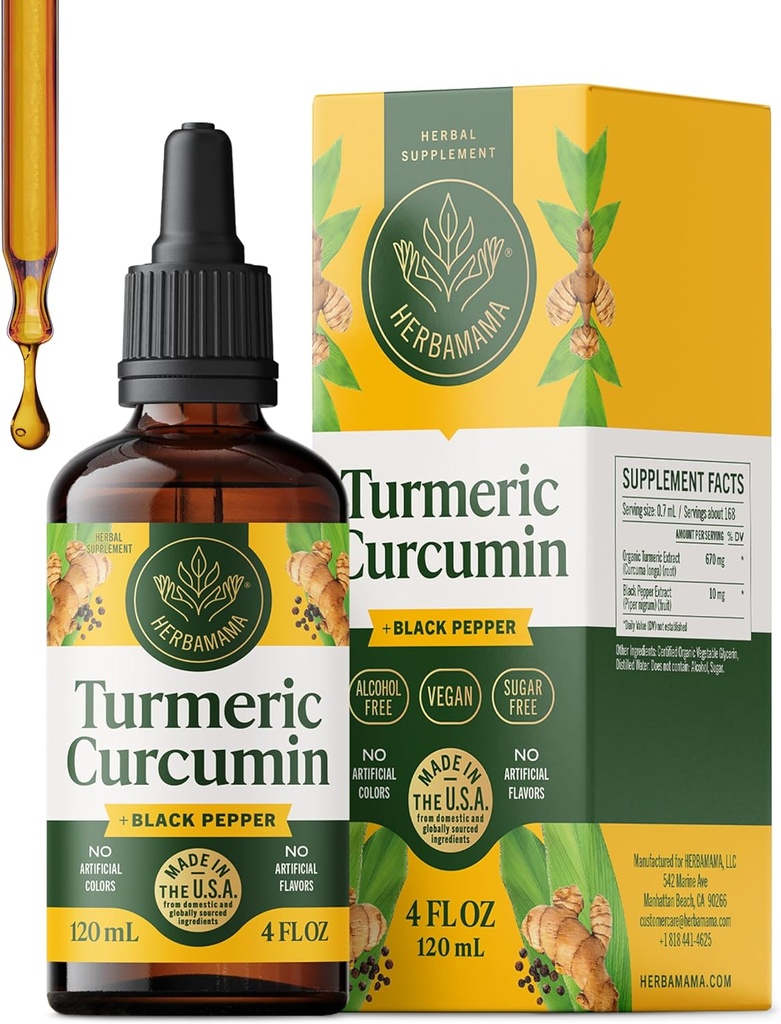 HERBAMAMA Turmeric Liquid Drops - Vegan Immune, Turmeric Curcumin ile Black Peppe Extract - Non-GMO, Alkol & Sugar-Free Antioksi Supplement - 56-Day Supply