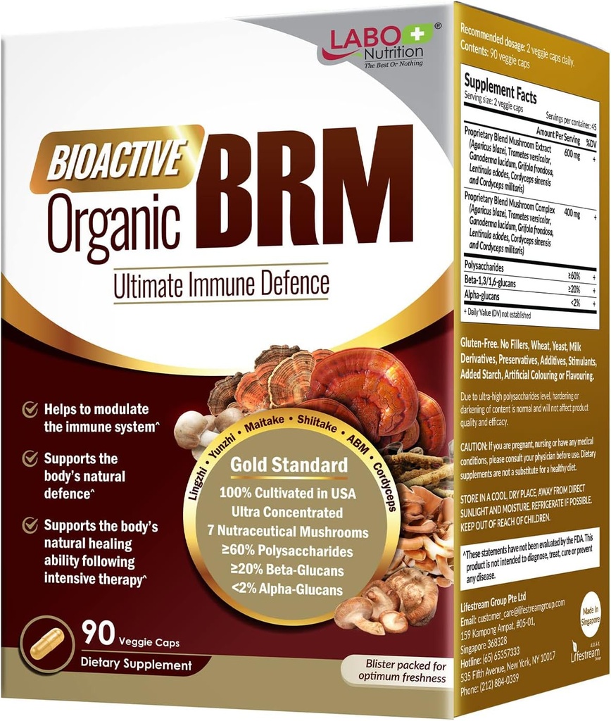 LABO Beslenme Biyoaktif Organik BRM - Gelişmiş Immune Support & Natural Killer Hücre Aktivitesini Sağlamak; 6 Tedavi Mushrooms Lingzhi, Yunzhi, Maitake, Shiitake, Agaricus Blazei Murill & Cordyceps