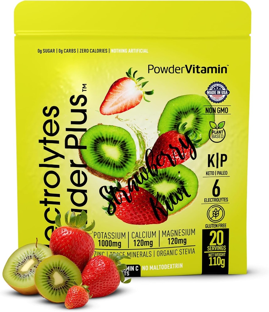 TozVitamin Electrolytes Toz Plus (20 Servisler) Strawberry Kiwi Electrolyte Toz Zero Calorie Keto,0 Sugar,No Maltodextrin,1000 mg Pyum,120 mguba,120 mg Magnezyum, Pink Himalaya Salt
