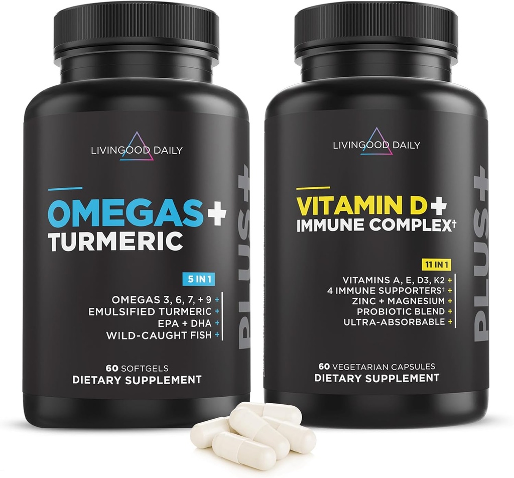 Livingood Daily Essentials Bundle - Powerful Supplement of Omega 3-6-7-9 Plus Turmeric Paired with Vitamin D3 K2, Magnesium, Probiotic Blend and More