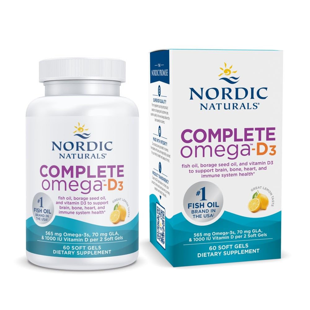 Nordic Naturals Complete Omega-D3, Lemon Flavor - 60 Soft Gels - 565 mg Omega-3 + 70 mg GLA + 1000 IU Βιταμίνη D3 - EPA & DHA - Υγιεινό δέρμα, γνωστική, & θετική διάθεση - Μη ΓΤΟ - 30 Υπηρεσίες