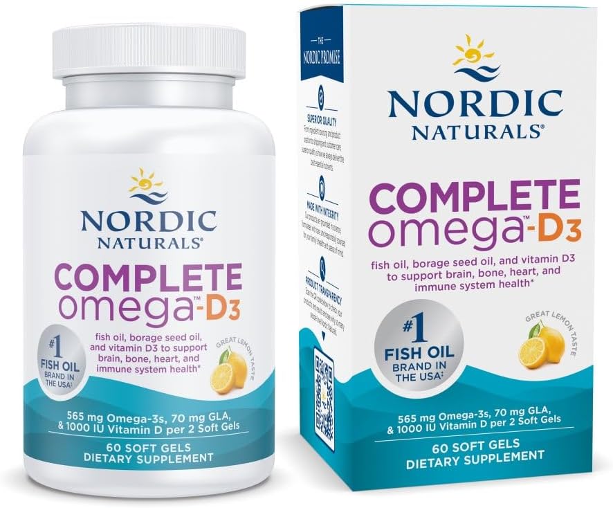Nordic Naturals Tamam Omega-D3, Limon Flavor - 60 Soft Gels - 565 mg Omega-3 + 70 mg GLA + 1000 IU Vitamin D3 - EPA & DHA - Sağlıklı Skin, Cognition, & Pozitif Mood - Non-GMO - 30 Servisler